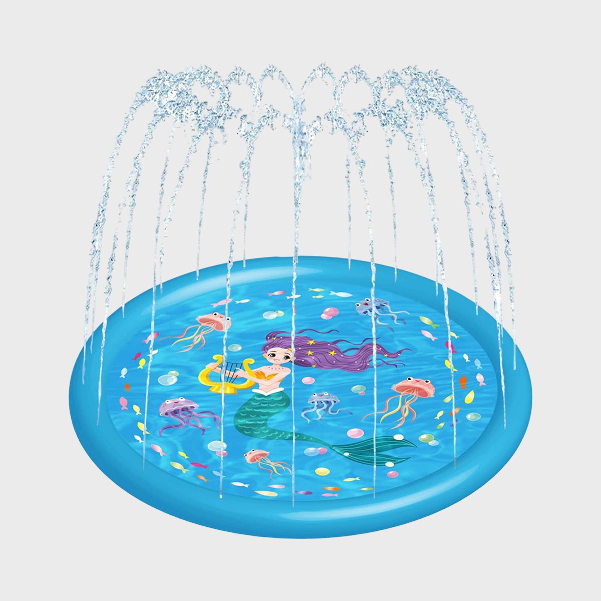 Water sprays upward from a circular blue splash pad decorated with a mermaid and colorful sea creatures, set on a plain background.
