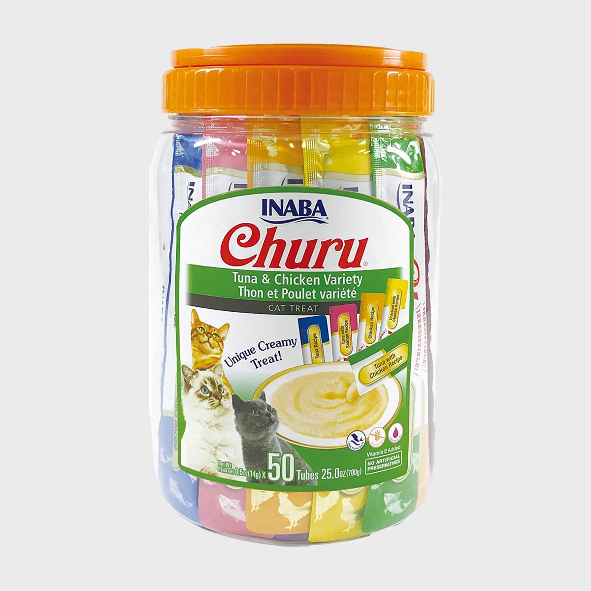 Jar containing colorful tubes of cat treats, labeled "INABA Churu Tuna & Chicken Variety." Features cat images and orange screw-top lid.