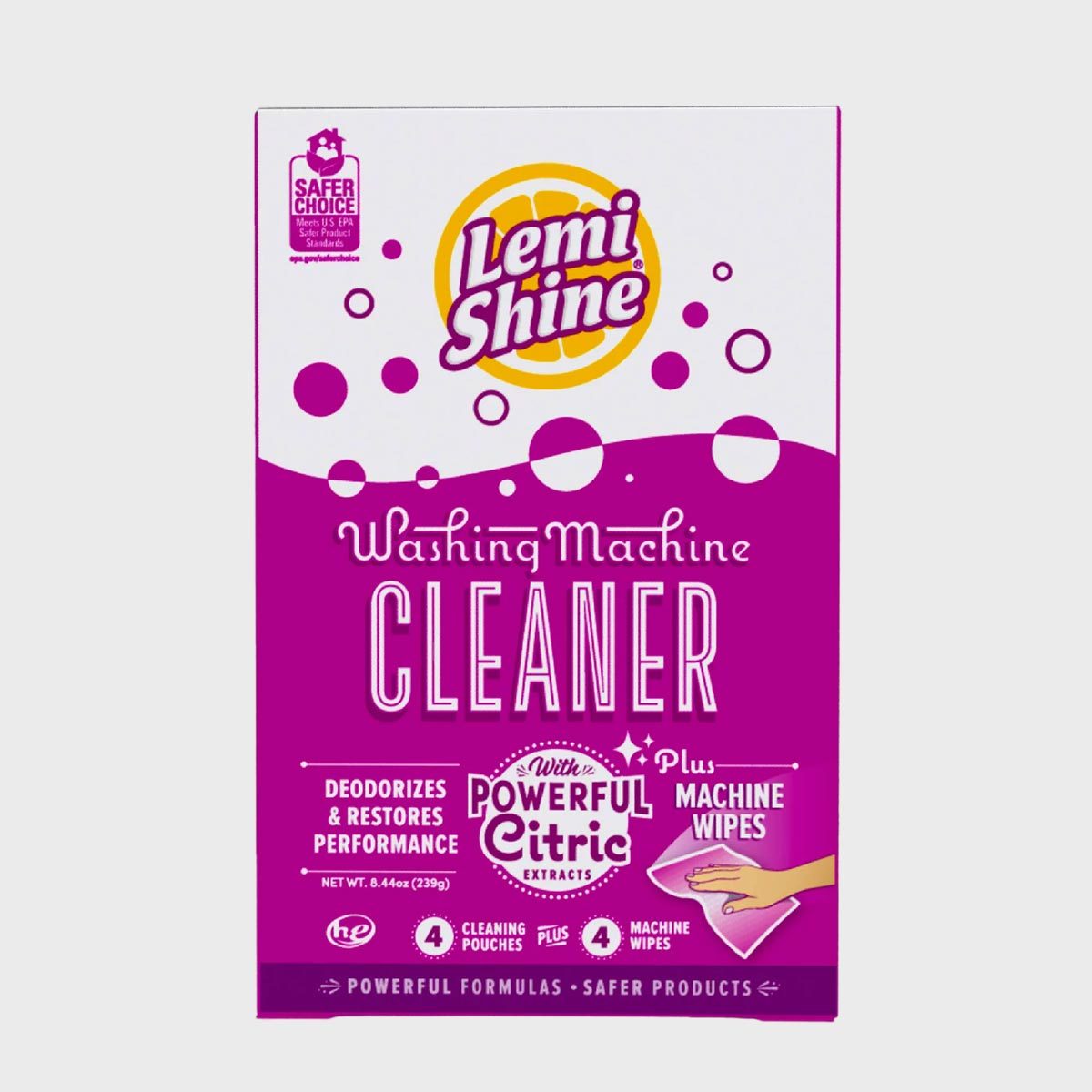 Box labeled "Lemi Shine Washing Machine Cleaner" features graphics of bubbles, promoting powerful citric extracts, and includes 4 cleaning pouches plus 4 machine wipes.