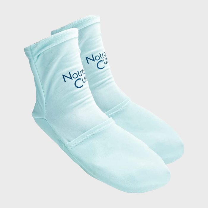 Blue booties are displayed side-by-side with 