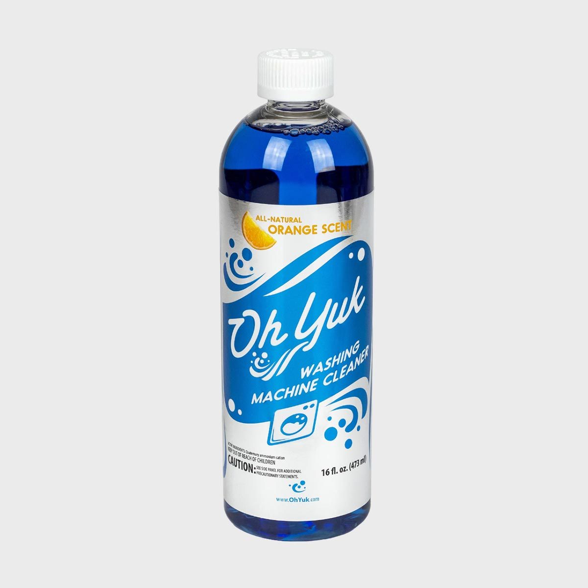 Bottle containing blue liquid; labeled "Oh Yuk Washing Machine Cleaner," orange scent; white cap; plain background; volume 16 fl. oz (473 ml).