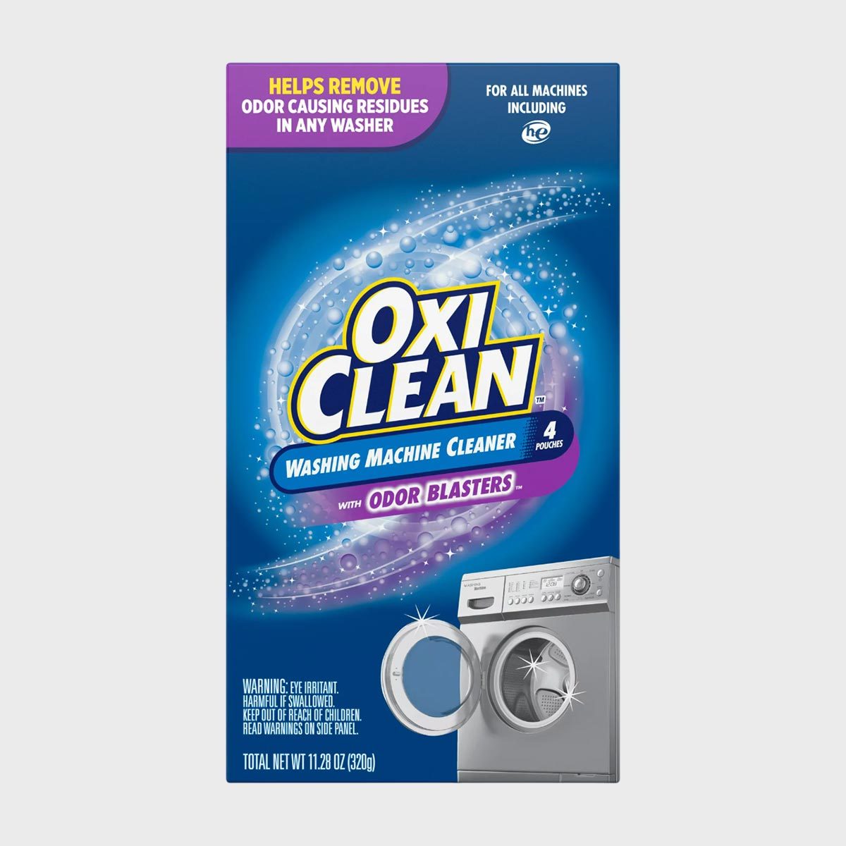 Box displaying OxiClean washing machine cleaner with odor blasters, featuring a sparkly washing machine, blue bubbles, and cleaning text details around the package.