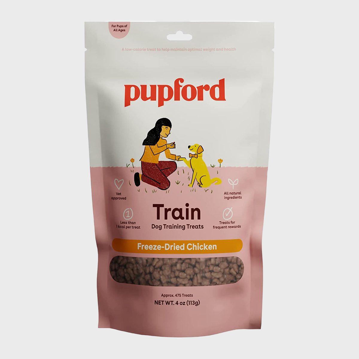 Bag displays girl training dog; contains freeze-dried chicken treats. Labeled "pupford," detailing benefits like low calories and natural ingredients. Contains approximately 475 treats.