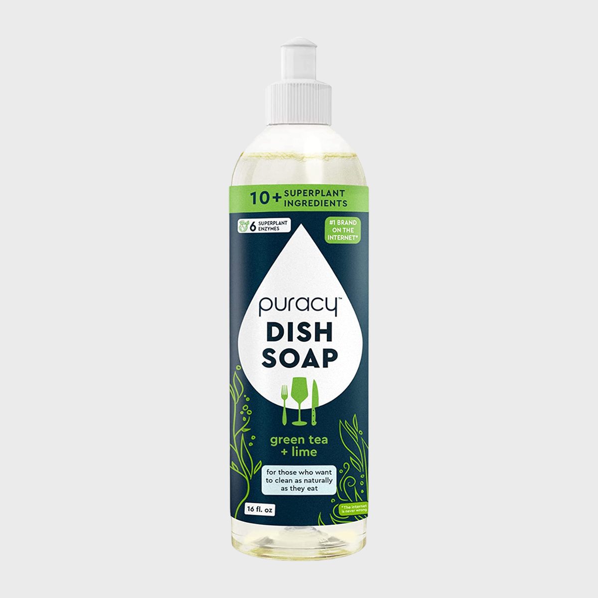 Bottle displaying "Puracy Dish Soap" label, green tea + lime, with text emphasizing natural ingredients and enzymatic cleaning. Surrounded by illustrations of plants.