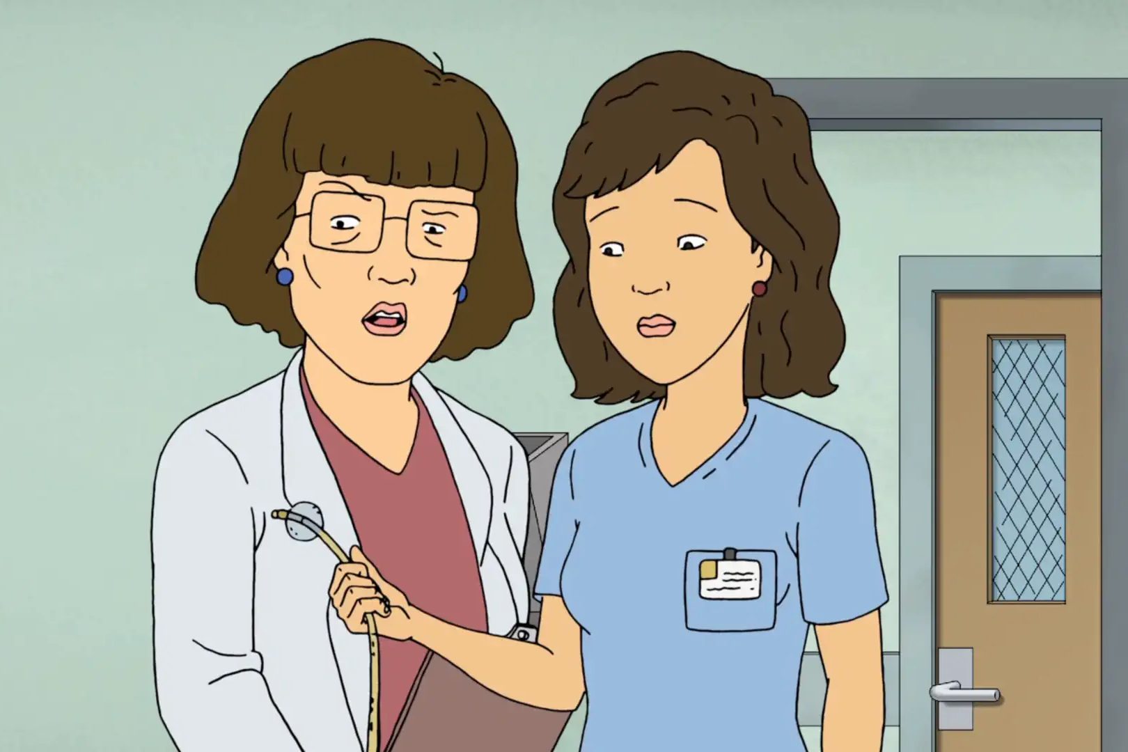 Two animated figures stand in medical attire, one holding a stethoscope, in a hospital setting with a door in the background.