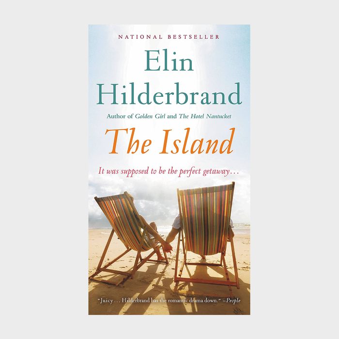 Two beach chairs face ocean waves; sunset light casts shadows. Book title text reads: 