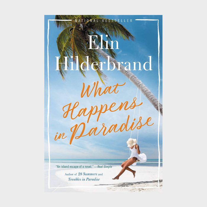 A woman swings from a palm tree on a beach; book cover text: 