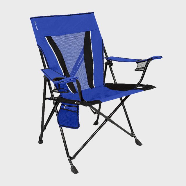 Folding camping chair is set, featuring a blue and black design with cup holder and storage pouch, against a plain background.