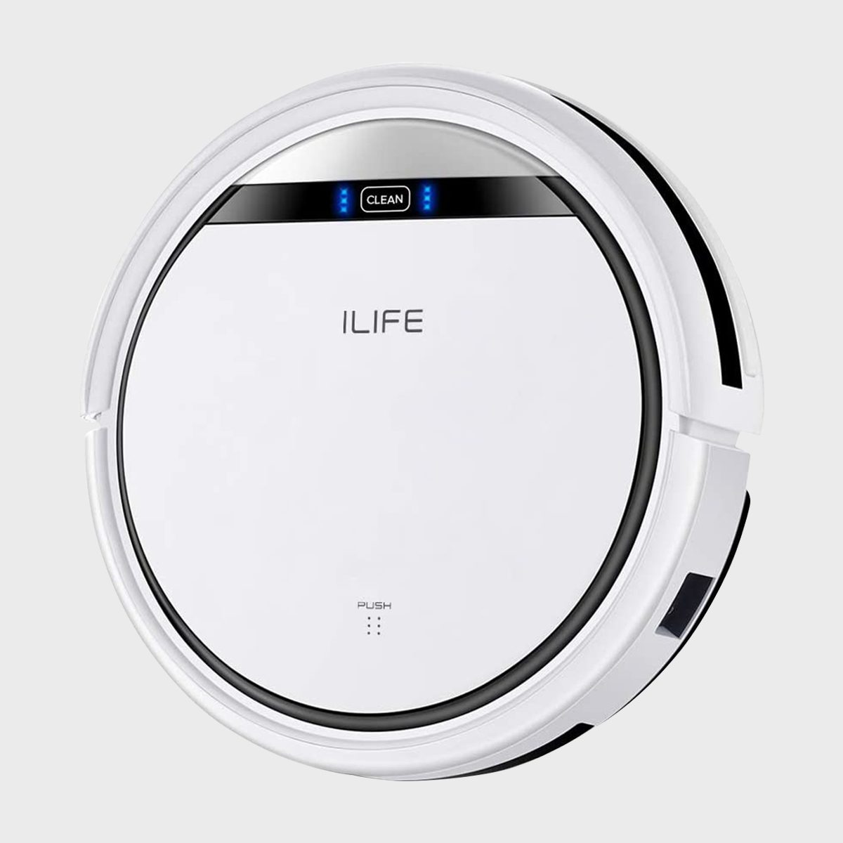Round robotic vacuum; displays blue lights. Text reads "ILIFE" and "CLEAN." Situated on a plain, light grey backdrop.
