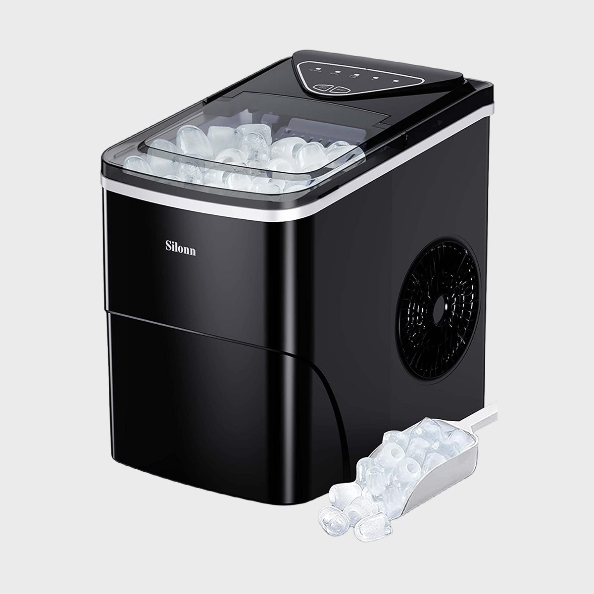 Machine produces ice cubes; sleek black design with a fan, electrical control panel, and a scoop beside it. Text: "Silonn."
