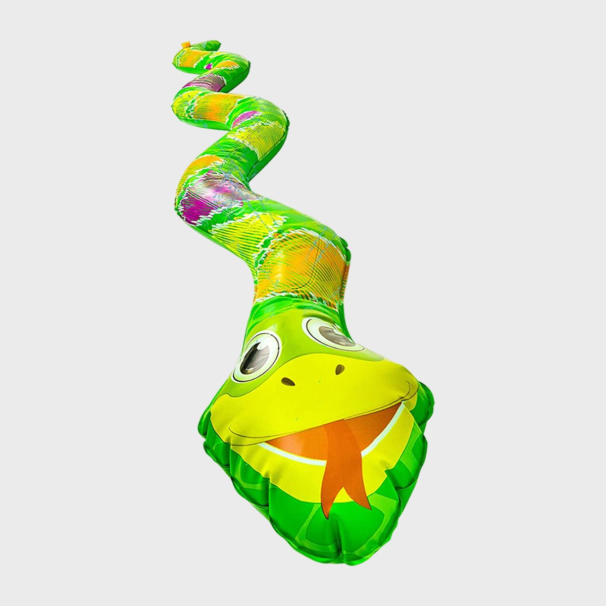 Inflatable snake floats, showcasing vibrant colors, zigzagging on a plain background.