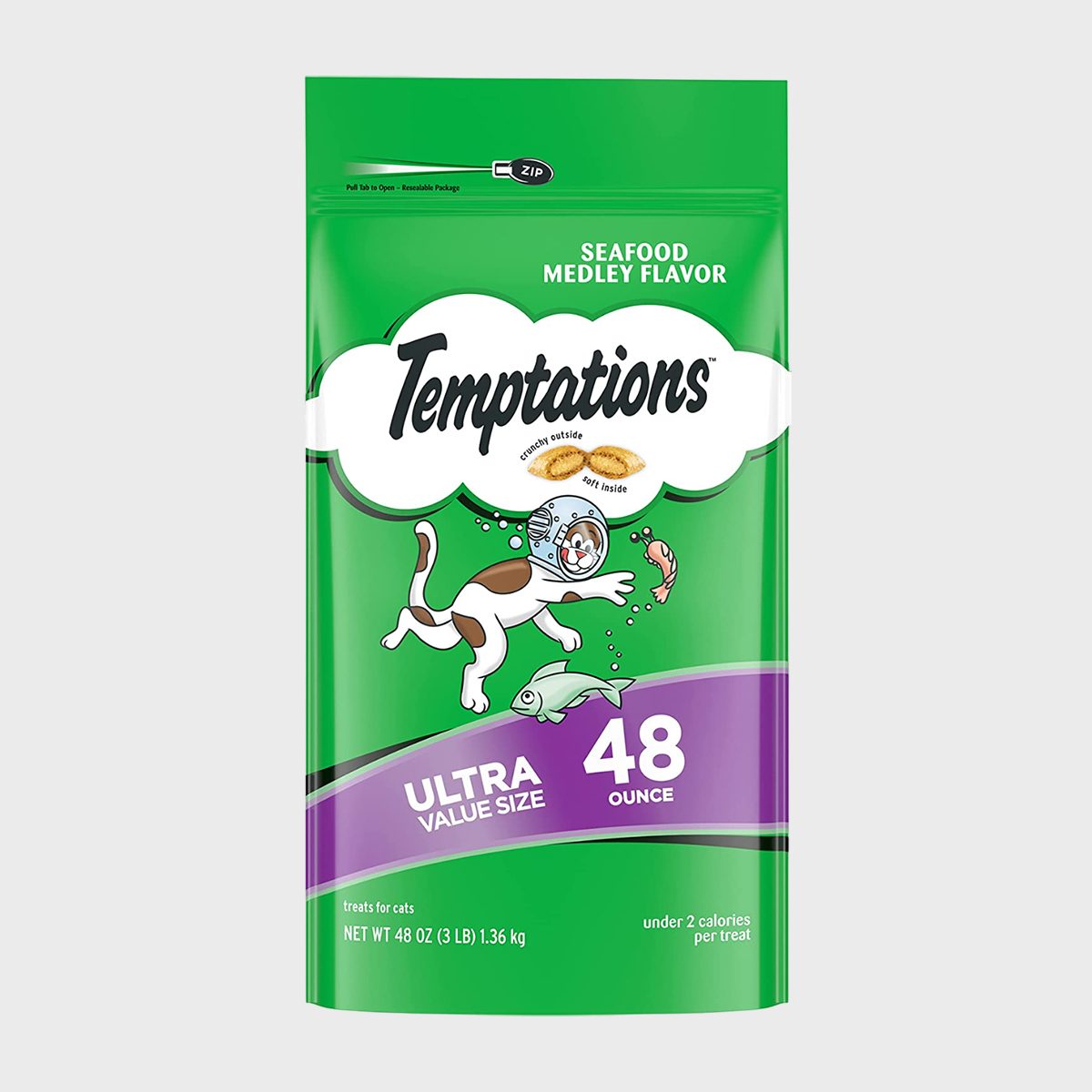 Bag displaying "Temptations" cat treats, featuring a playful cartoon cat and fish. Text highlights "Seafood Medley Flavor" and "48 Ounce Ultra Value Size."