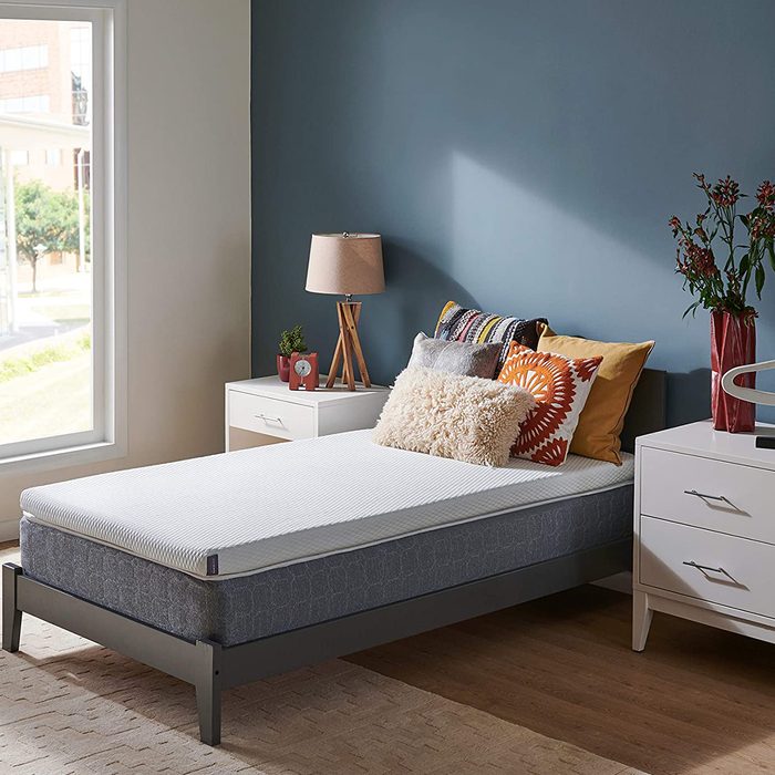 A bed with colorful pillows is set against a blue wall, flanked by nightstands with lamps and plants, in a bright room.