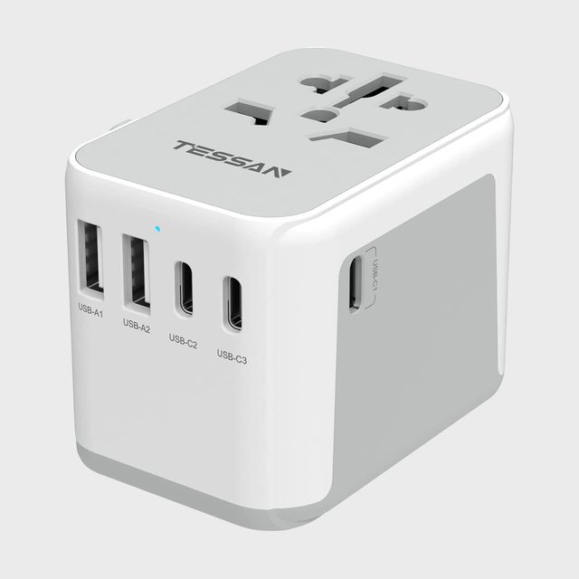 Power adapter provides multiple USB ports and international sockets; labeled 