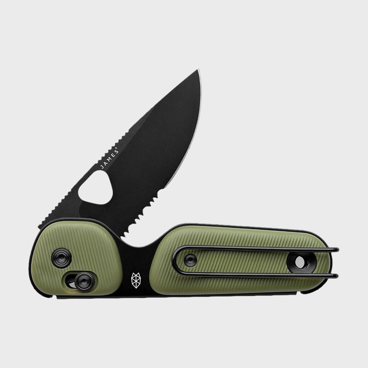 Pocket knife unfolding, featuring a black serrated blade and green textured handle, set against a plain white background. "JAMES" text on the blade.