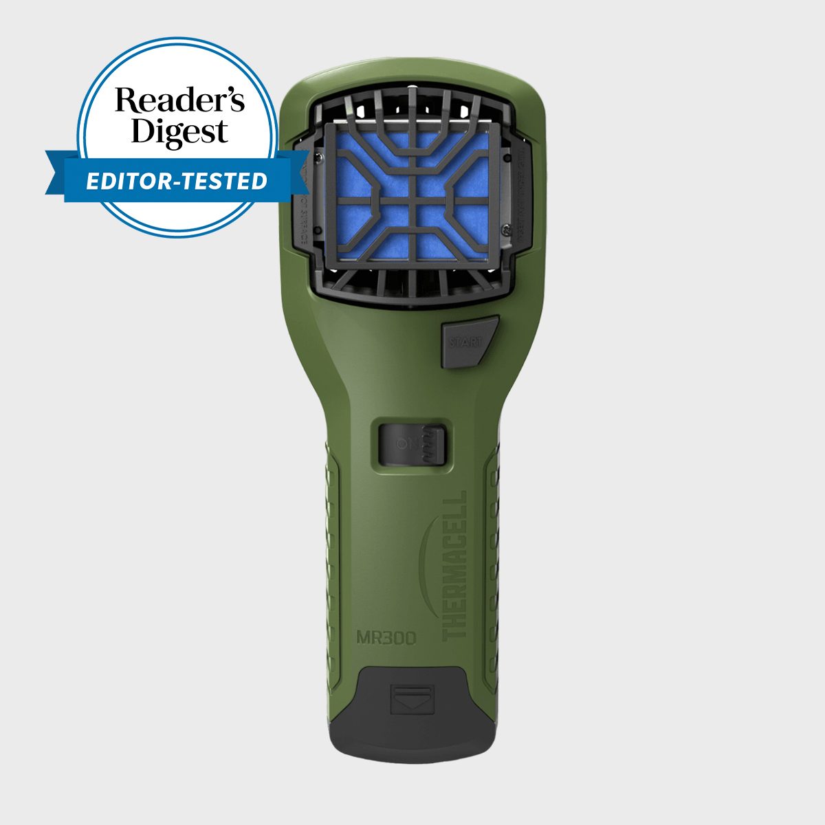 Handheld device emits blue light, designed to repel mosquitoes; labeled with â€œThermacell MR300â€ and â€œReaderâ€™s Digest Editor-Testedâ€ stamp on gray background.