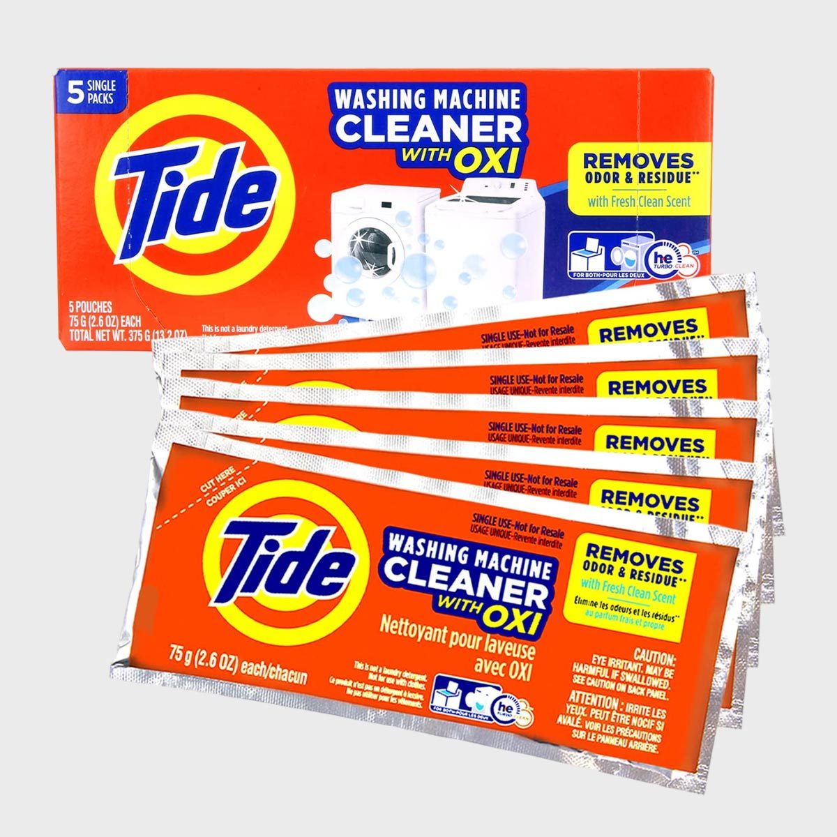 Packets show Tide washing machine cleaner, each labeled "Removes Odor & Residue." Positioned before a colorful box featuring the same branding and cleaning claims.