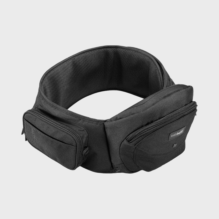 Black waist pack with zippered pockets, displayed on a plain background. A small label reads 