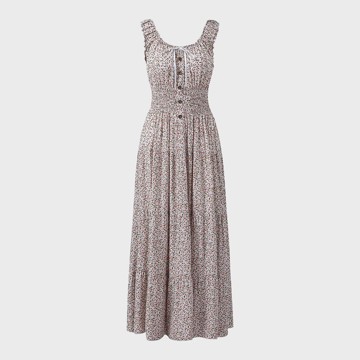 Floral maxi dress hanging, featuring ruched bodice and small multicolored flowers, displayed on a neutral white background.