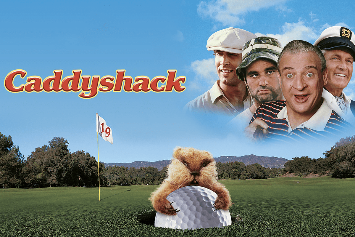 Gopher holds golf ball on course; four people in hats smiling above. Text reads: "Caddyshack" with a flag numbered 19 in the background.
