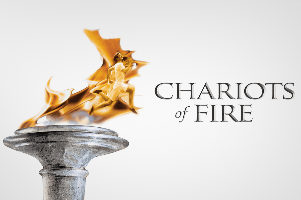 Torch with flame depicting a runner; text reads "CHARIOTS of FIRE" on a light gray background.