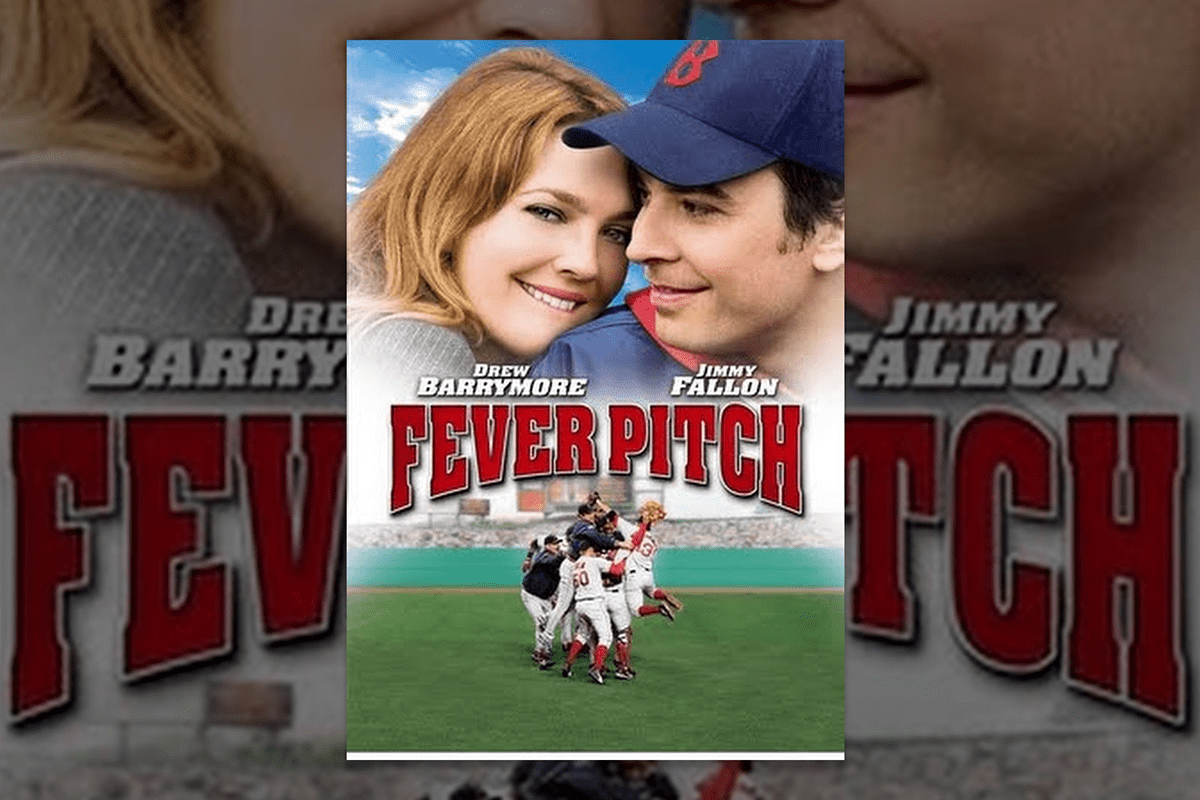 A man and woman smile closely; below, baseball players celebrate on a field. Text: &acirc;&euro;&oelig;Drew Barrymore, Jimmy Fallon, Fever Pitch."
