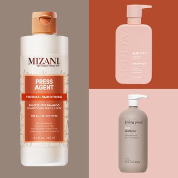 Three shampoo bottles positioned against contrasting backgrounds, each labeled with brand names and features like sulfate-free, smoothing, and anti-frizz; showcasing distinct packaging designs.