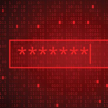 A row of red asterisks inside a rectangle against a dark background filled with binary code sequences.