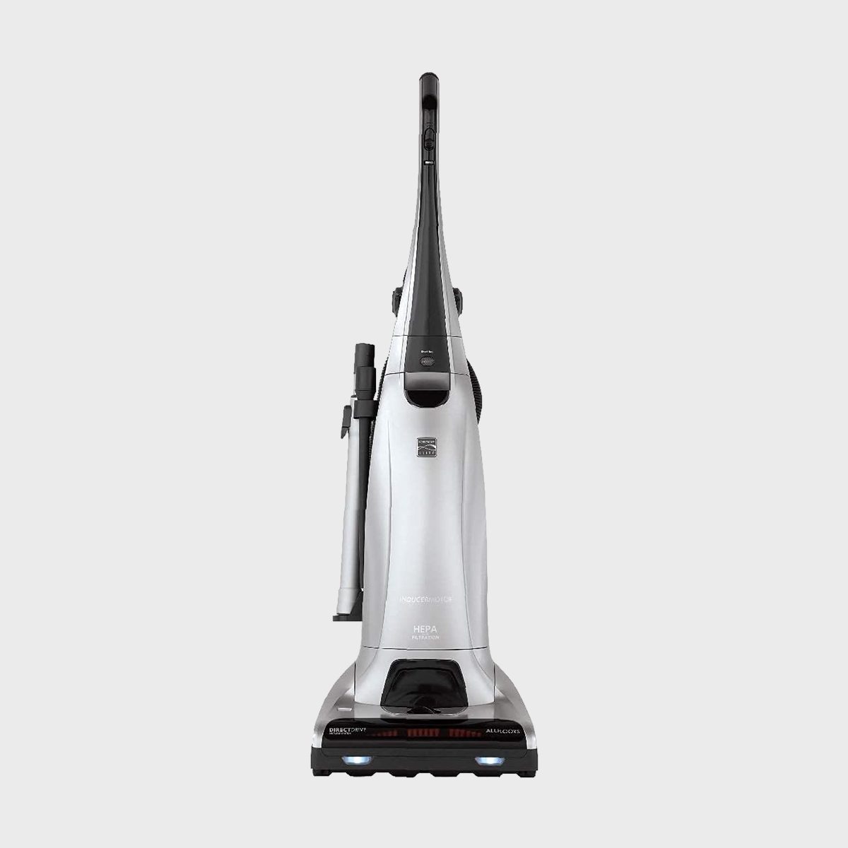Vacuum cleaner stands upright, displaying its HEPA filter feature prominently in a minimal, light gray studio background.