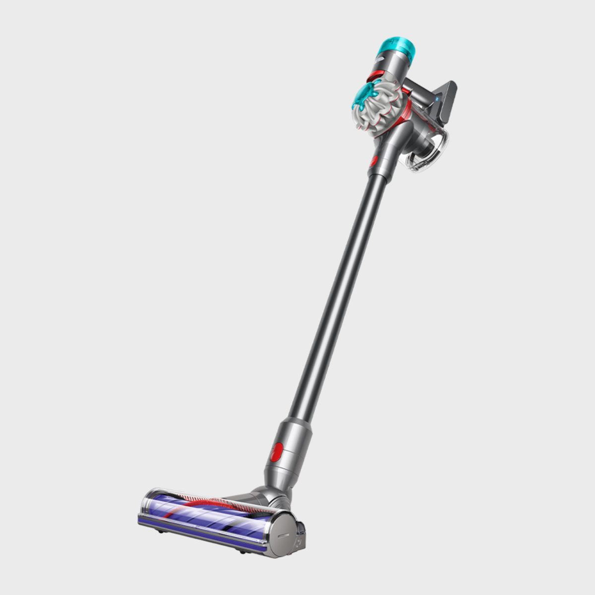 Cordless vacuum cleaner angled upward, positioned against a plain white background.