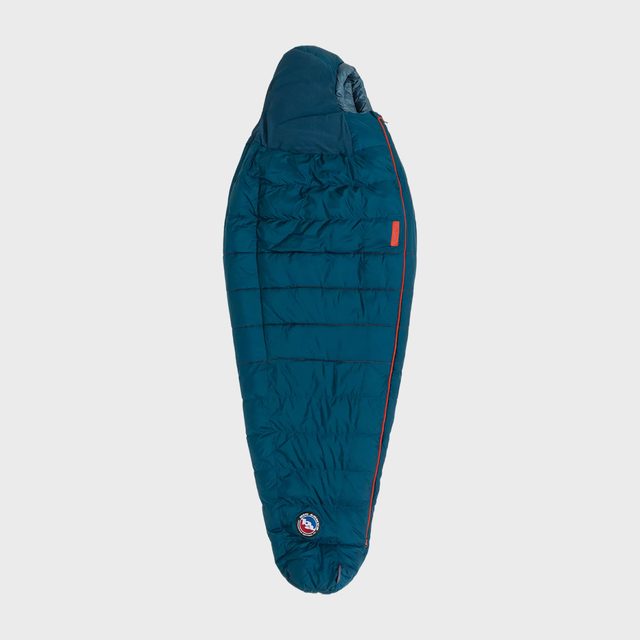 Sleeping bag lays flat; blue color with red accents; simple, white background.