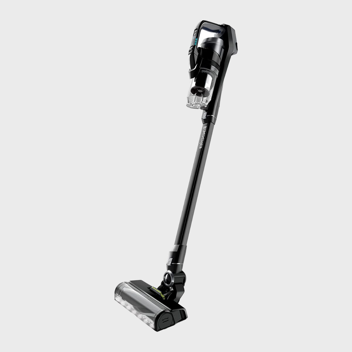 Cordless vacuum standing upright, with a sleek design and visible clear dust container, set against a plain white background.