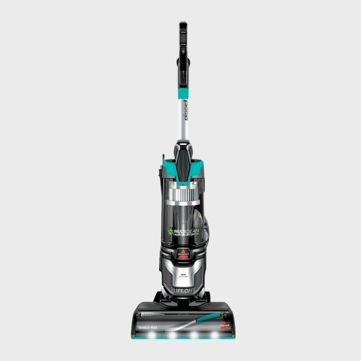 Upright vacuum cleaner stands idle; features labeled include "Multiclean Allergen Lift-Off," "HEPA Filter," and "Tangle-Free Brush Roll"; placed against plain background.