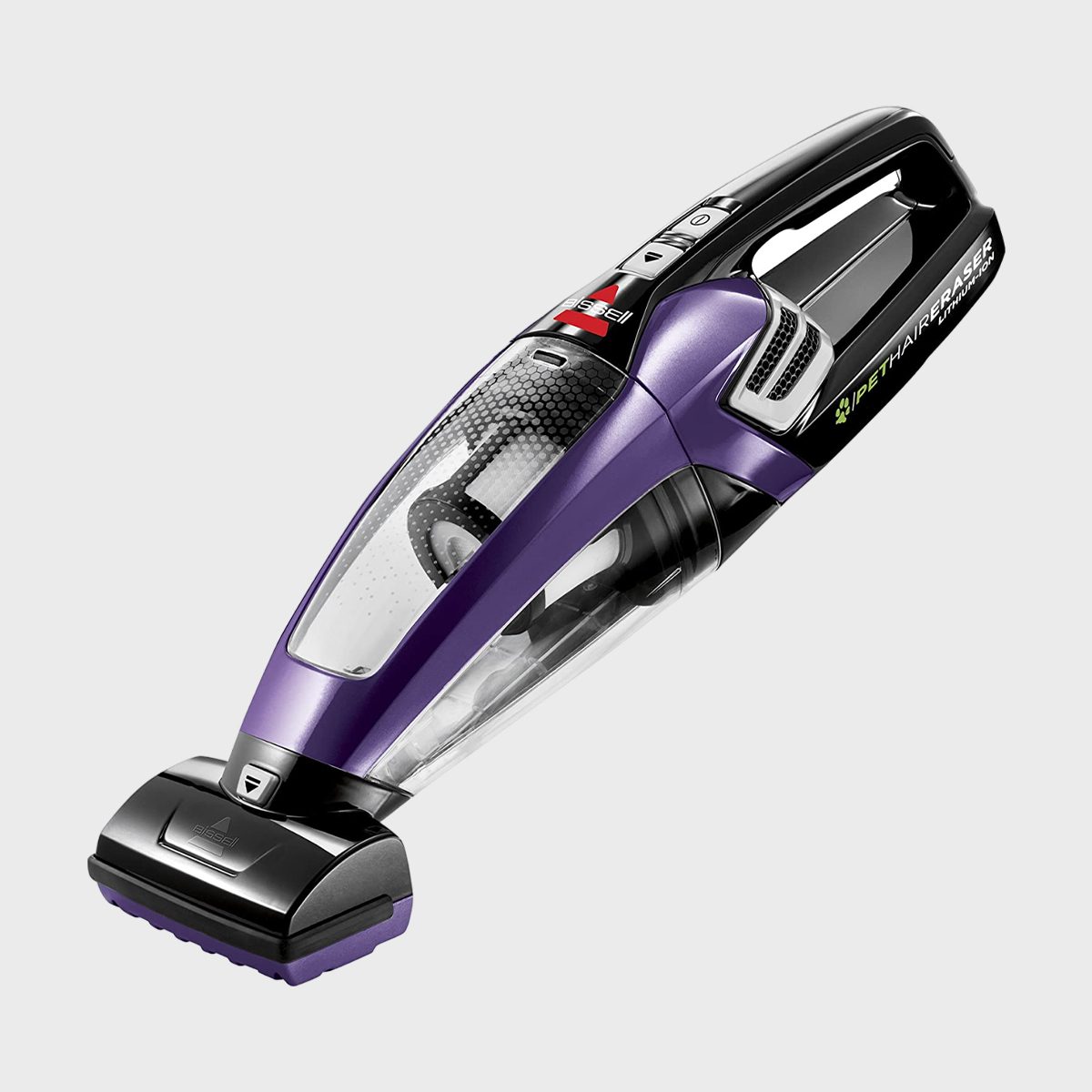 Handheld vacuum appears angled, showcasing purple and black colors, with side buttons and a transparent dust compartment in a plain background.