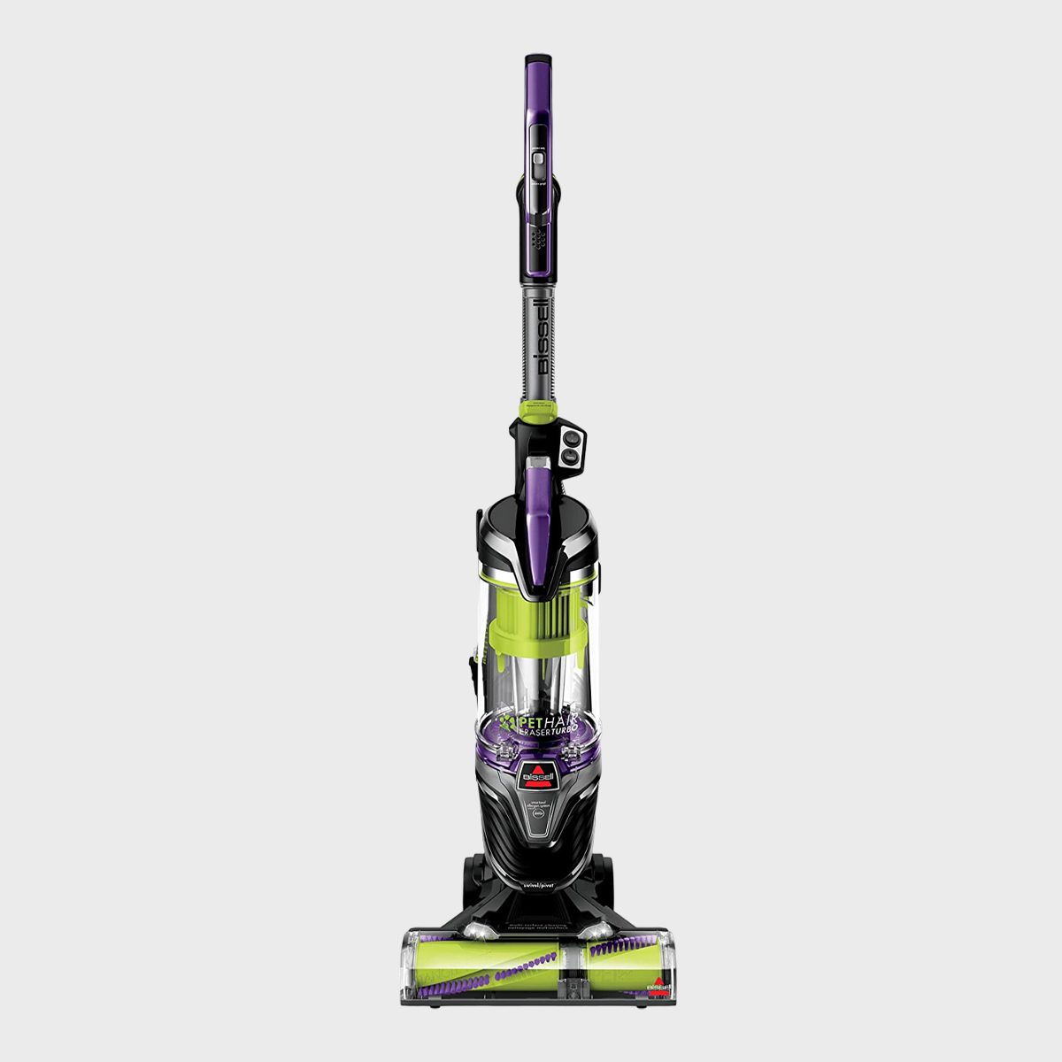 Vacuum cleaner stands upright on a plain background, featuring a transparent canister with green accents and purple detailing.
