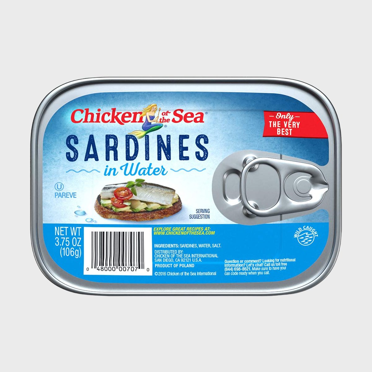 Sardine can displays "Chicken of the Sea" label, showing open sandwich serving suggestion. Blue background emphasizes freshness. Includes nutritional information and website link.