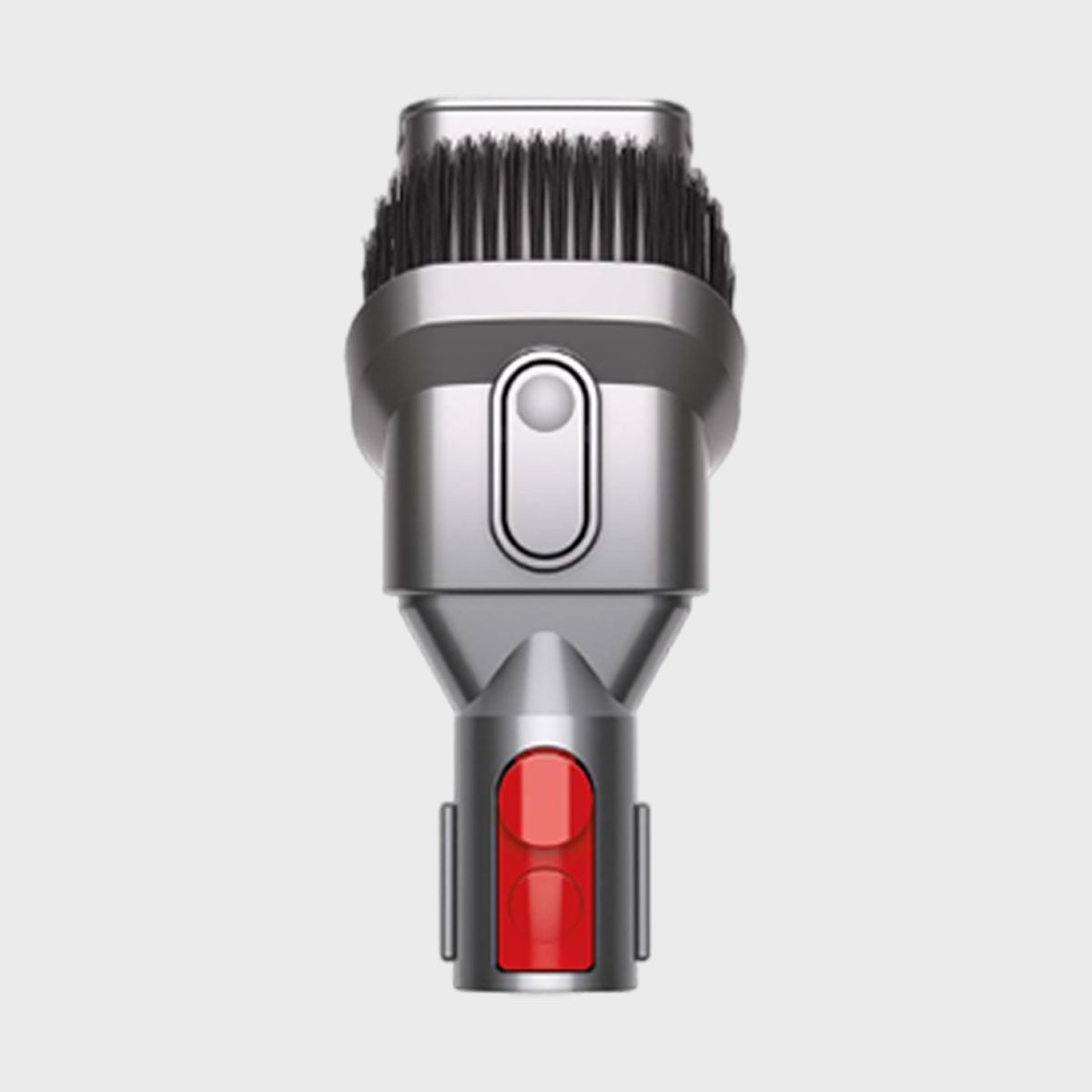 Brush accessory is upright, designed for a vacuum cleaner. It features gray bristles and a red release button, set against a plain white background.