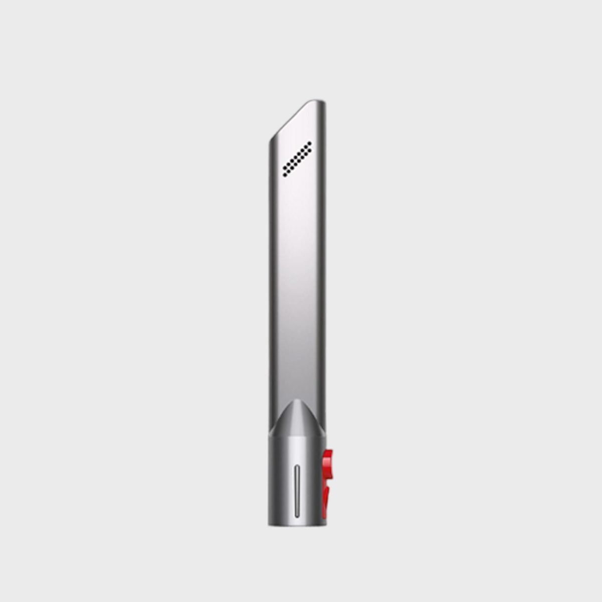 A sleek, silver vacuum nozzle with an angled tip and red accents is displayed against a plain white background.