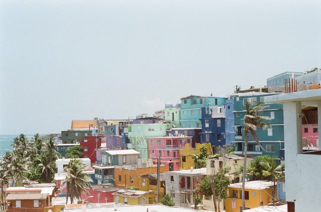 Colorful buildings lined closely together overlook the ocean, with palm trees scattered among them under a bright, clear sky.