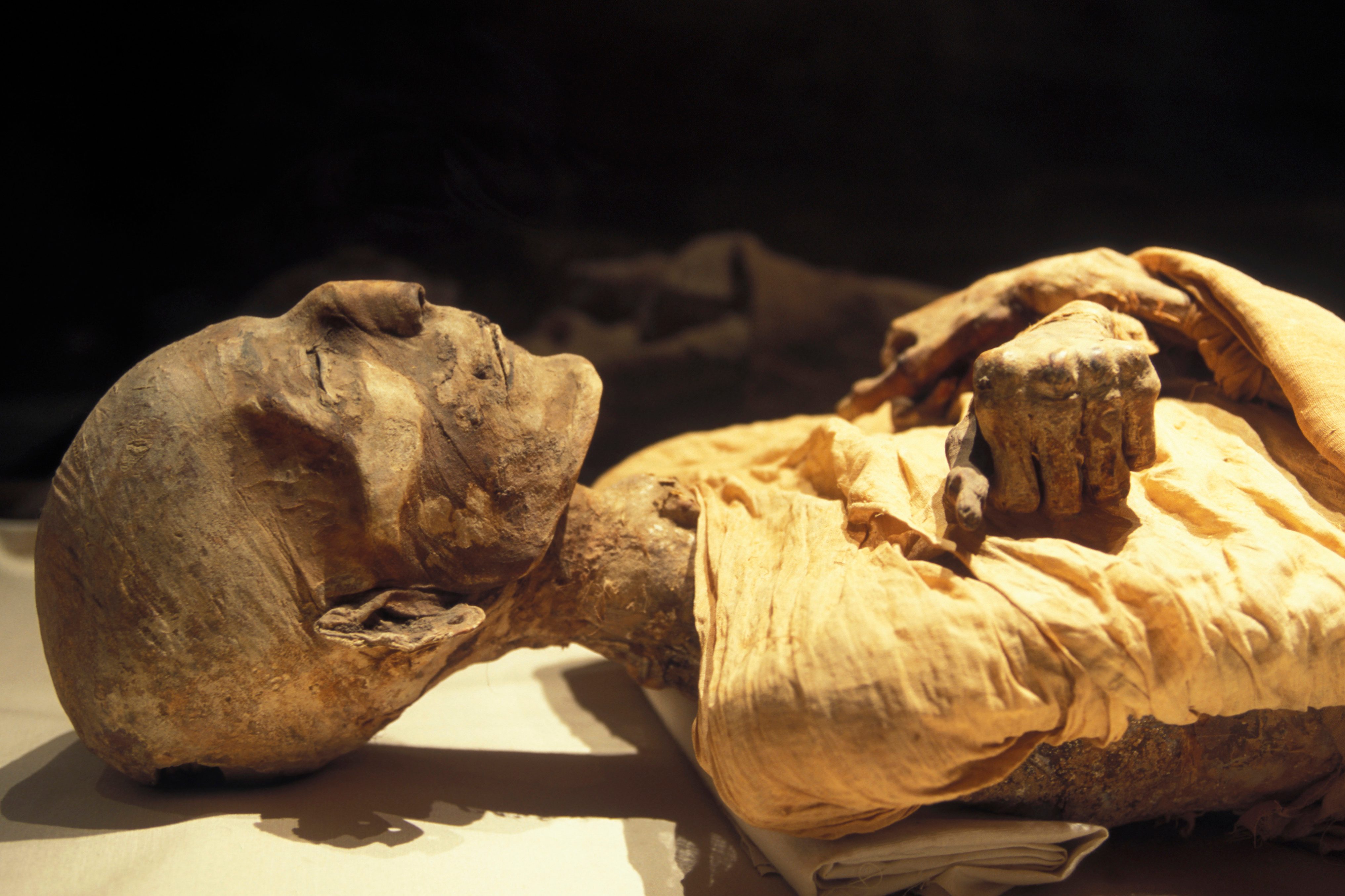 A mummified figure lies wrapped in linen, with folded arms on its chest, displayed in a dimly lit setting.