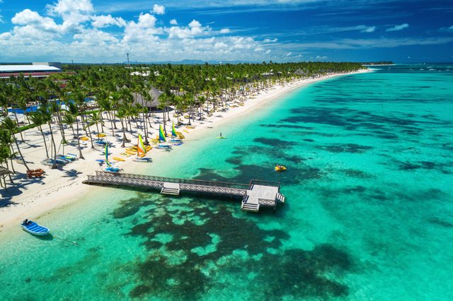 Beach waves gently lap, vibrant sailboats line shore, palm trees dot sandy coastline under clear blue sky.