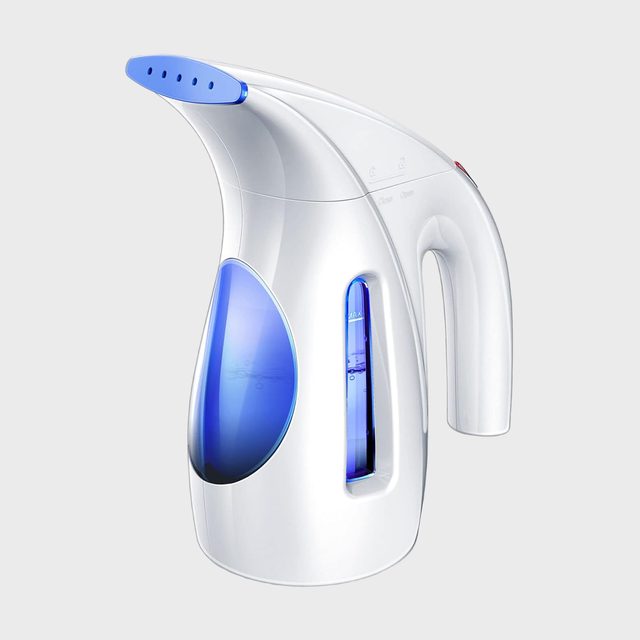 Handheld steamer releasing steam, with blue water tank, against a plain background.