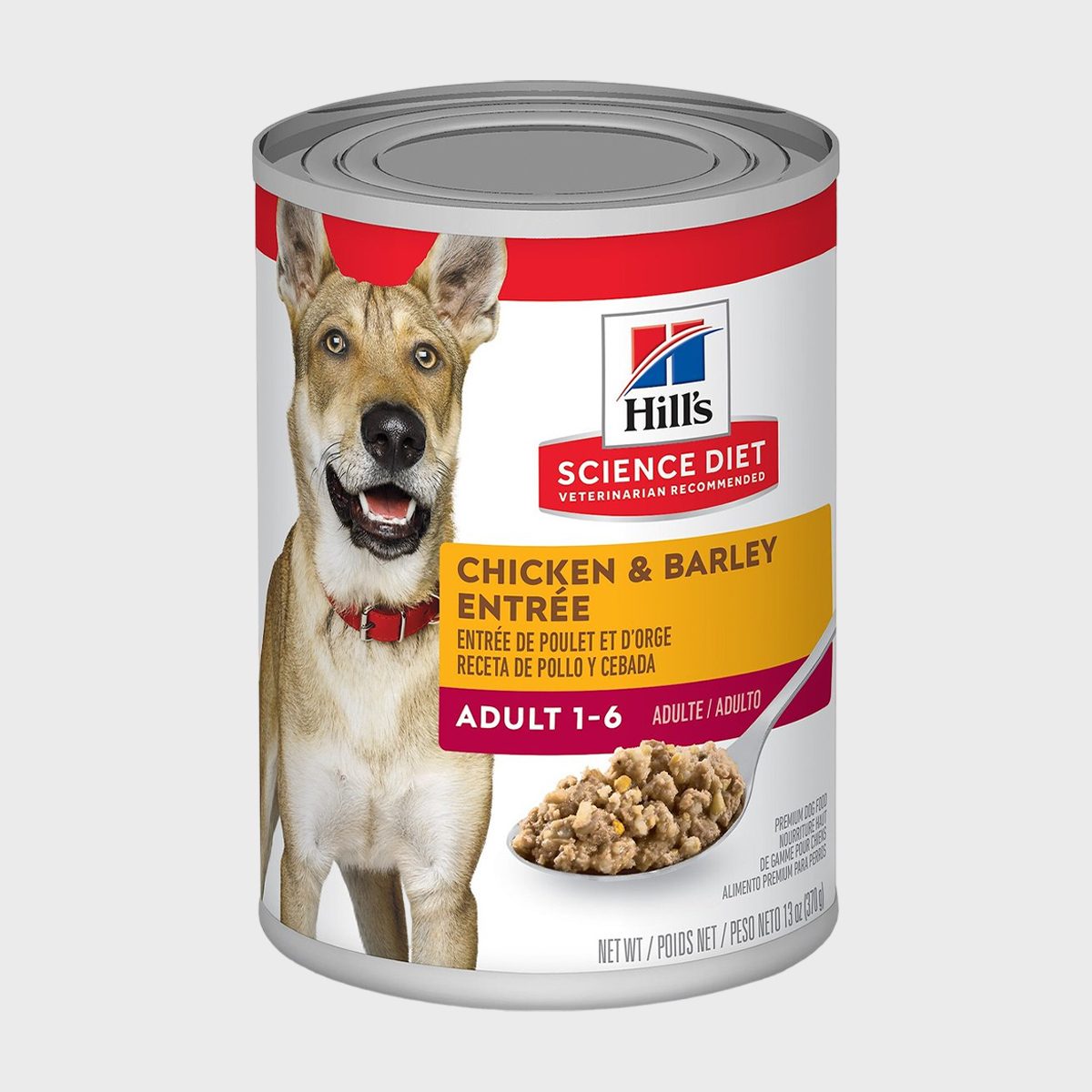 Dog food can displays "Hill's Science Diet" with a smiling dog, chicken and barley entree, suitable for adults aged 1-6, against a plain background.