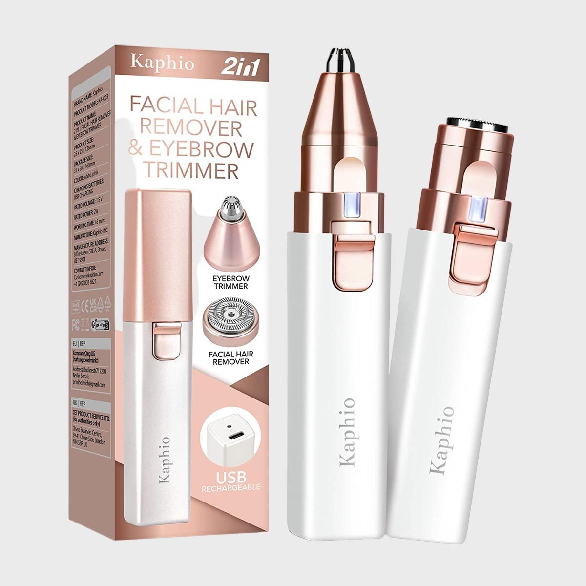 Trimmer set displayed; features facial hair remover and eyebrow trimmer; packaged with box labeled "Kaphio 2in1 Facial Hair Remover & Eyebrow Trimmer." USB rechargeable context.