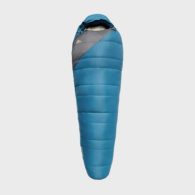A blue and gray sleeping bag appears against a plain white background, showcasing its full length and mummy-style design.