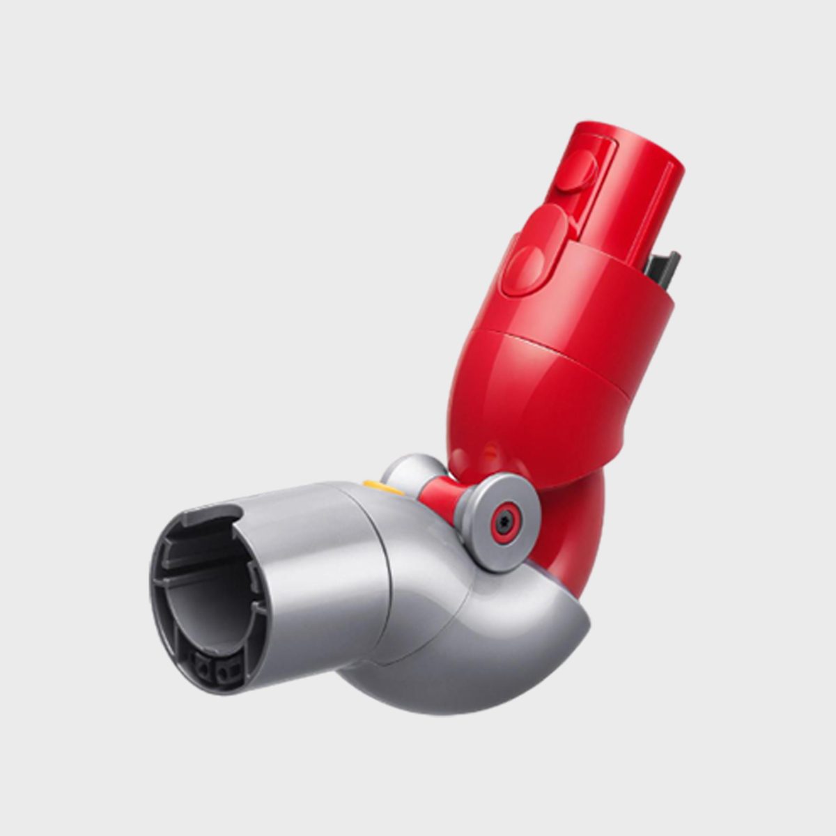Red and silver vacuum attachment, featuring a swiveling joint, against a plain, gray background.