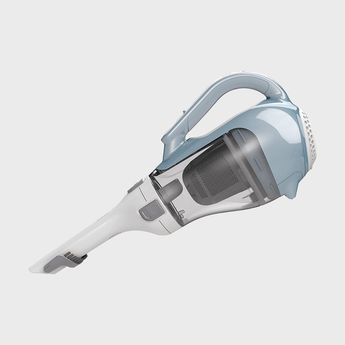 Handheld vacuum cleaner angled upwards, showing its transparent dust container and handle, placed against a plain, light-colored background.