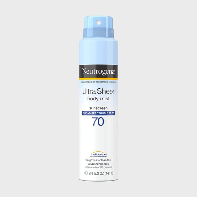 A Neutrogena Ultra Sheer body mist spray can displays SPF 70 sunscreen, emphasizing its lightweight, clean feel and water resistance for 80 minutes.