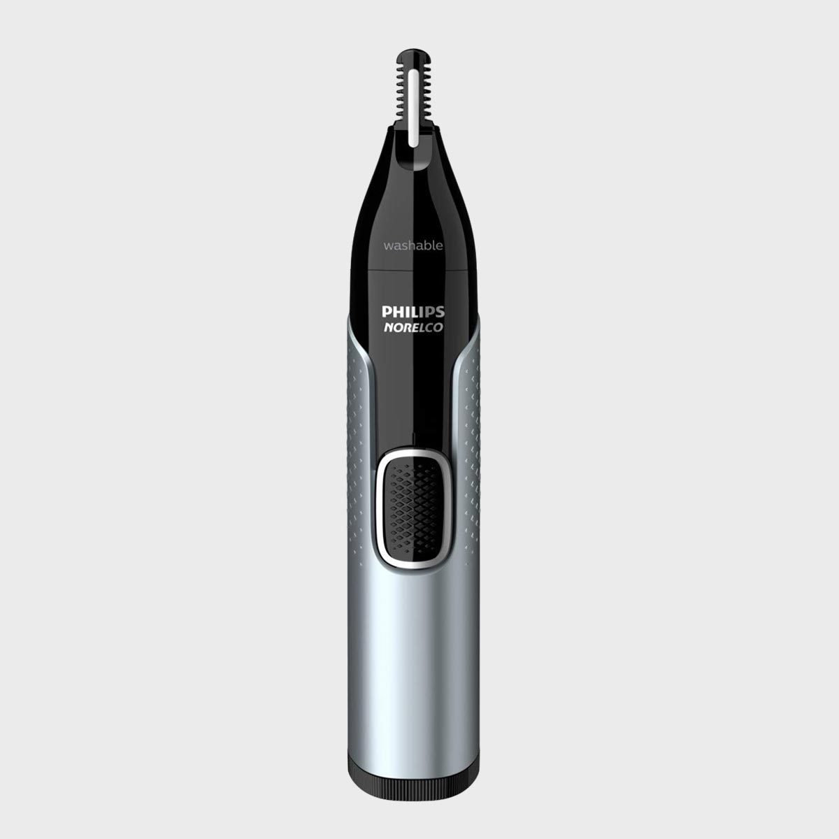 Trimmer stands upright, unused, against a plain gray background. â€œPhilips Norelcoâ€ and â€œwashableâ€ are labeled on the front.