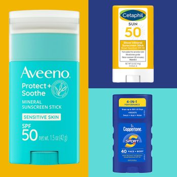 Three sunscreen sticks are displayed: Aveeno Protect+Soothe, Cetaphil Sun 50, and Coppertone Sport 4-in-1 Performance, against colorful backgrounds.